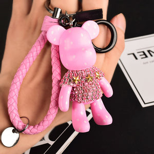 Handmade DIY Craft Rhinestone Cartoon Bomgom Bear Keychain Leather Rope Tassel Key Chain Gloomy Bag Charm Pendant Gift