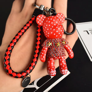 Handmade DIY Craft Rhinestone Cartoon Bomgom Bear Keychain Leather Rope Tassel Key Chain Gloomy Bag Charm Pendant Gift