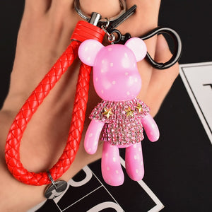 Handmade DIY Craft Rhinestone Cartoon Bomgom Bear Keychain Leather Rope Tassel Key Chain Gloomy Bag Charm Pendant Gift