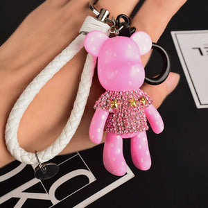 Handmade DIY Craft Rhinestone Cartoon Bomgom Bear Keychain Leather Rope Tassel Key Chain Gloomy Bag Charm Pendant Gift