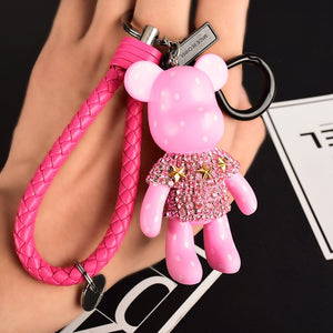 Handmade DIY Craft Rhinestone Cartoon Bomgom Bear Keychain Leather Rope Tassel Key Chain Gloomy Bag Charm Pendant Gift