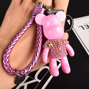 Handmade DIY Craft Rhinestone Cartoon Bomgom Bear Keychain Leather Rope Tassel Key Chain Gloomy Bag Charm Pendant Gift