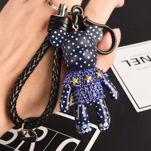 Handmade DIY Craft Rhinestone Cartoon Bomgom Bear Keychain Leather Rope Tassel Key Chain Gloomy Bag Charm Pendant Gift