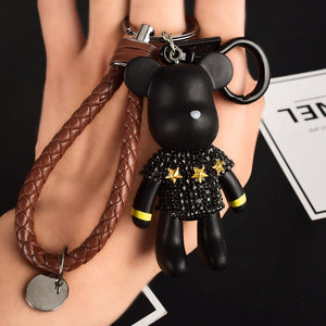 Handmade DIY Craft Rhinestone Cartoon Bomgom Bear Keychain Leather Rope Tassel Key Chain Gloomy Bag Charm Pendant Gift