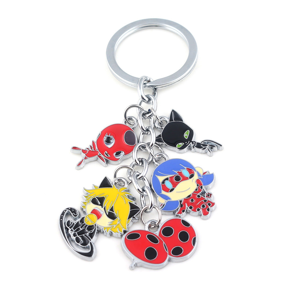 Anime Ladybug and cat noir Girl and Black Cat Charm Keyring Car Holder Key Chain Noir Green Claw Kids Jewelry Gift Drop Shipping